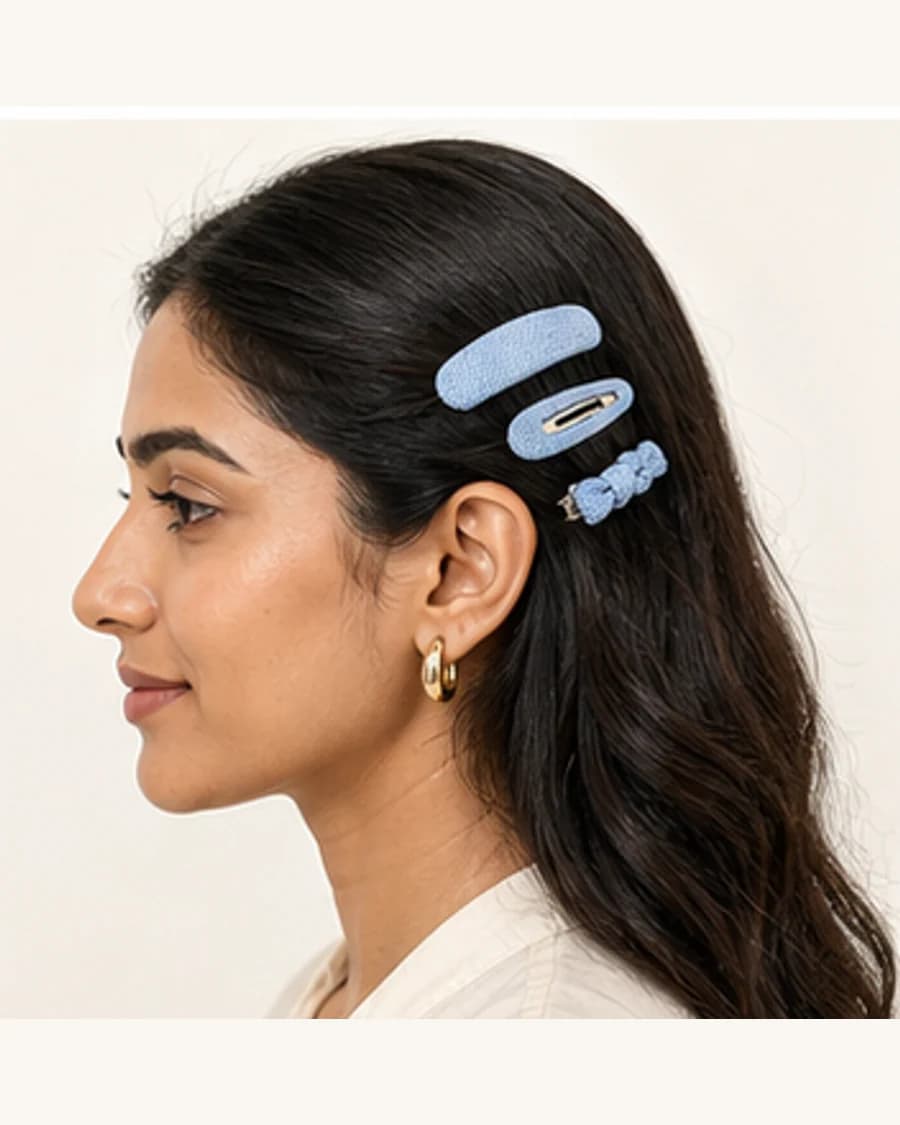 Terrain Hair Clip Set: front styling view on an adult Indian model