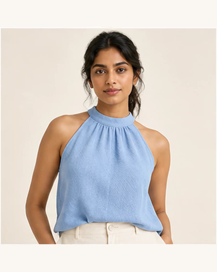 Terrain Textured Halter Top: front styling view on an adult Indian model