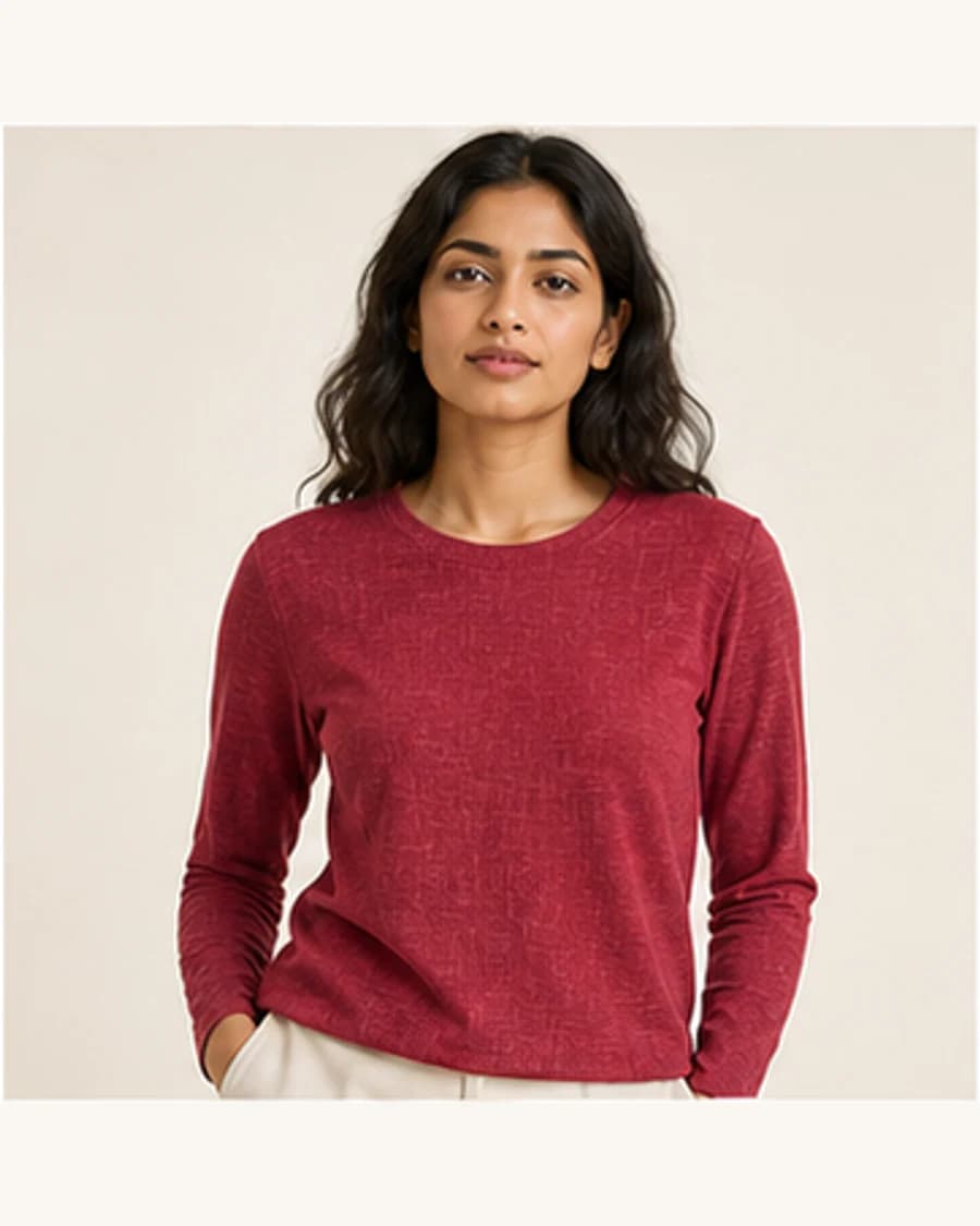 Terrain Textured Long Sleeve Tee: front styling view on an adult Indian model