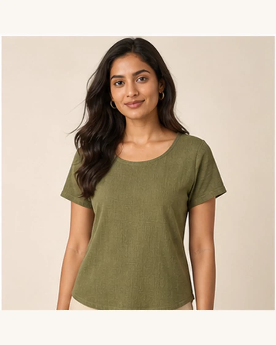Terrain Textured Scoop Top: front styling view on an adult Indian model