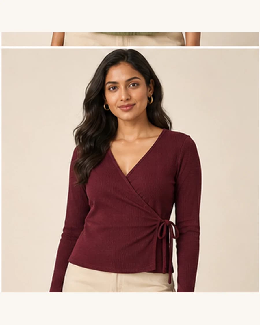 Terrain Textured Wrap Blouse: front styling view on an adult Indian model