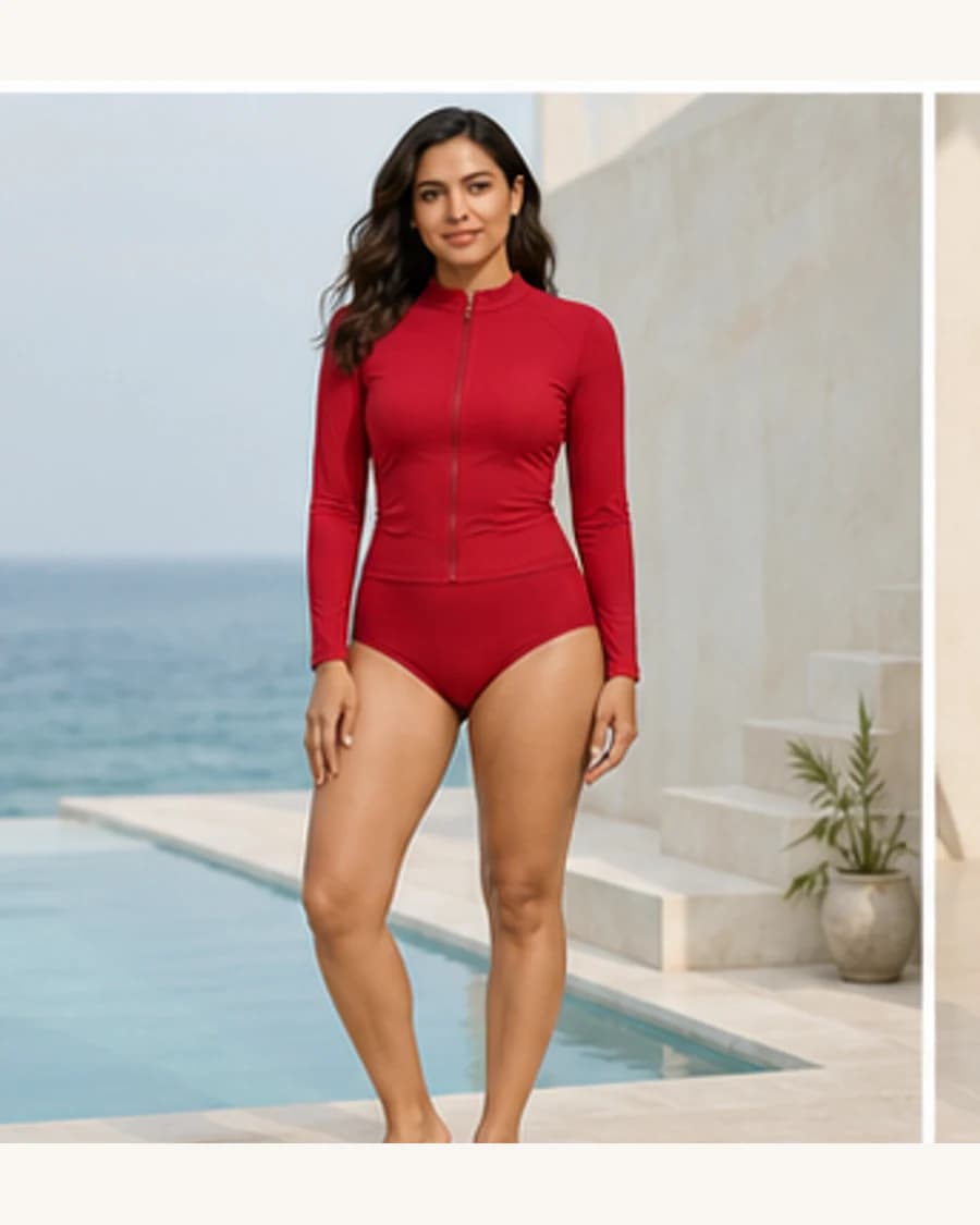 Tidal Long Sleeve Swim Set: front styling view on an adult Indian model
