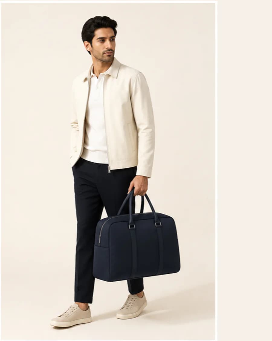 Travel Weekender: front styling view on an adult Indian model