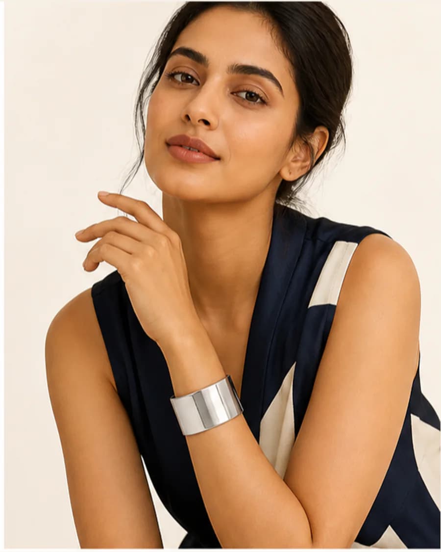 Wide Cuff Bracelet: front styling view on an adult Indian model