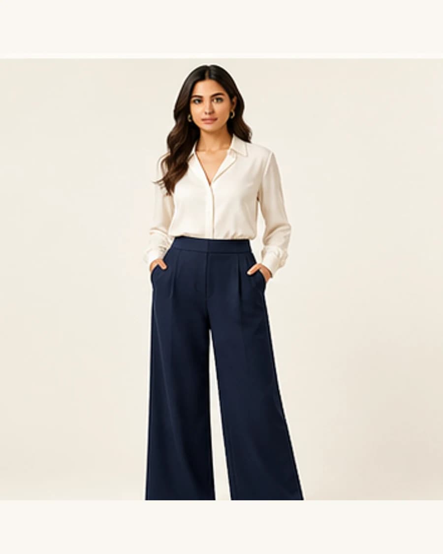 Wide Leg Trousers: front styling view on an adult Indian model