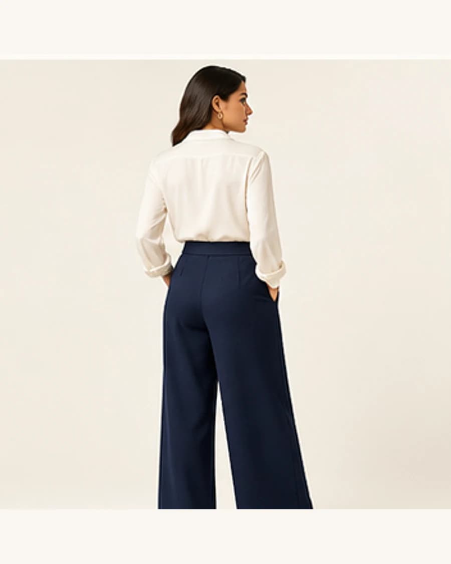 Wide Leg Trousers: three-quarter styling view