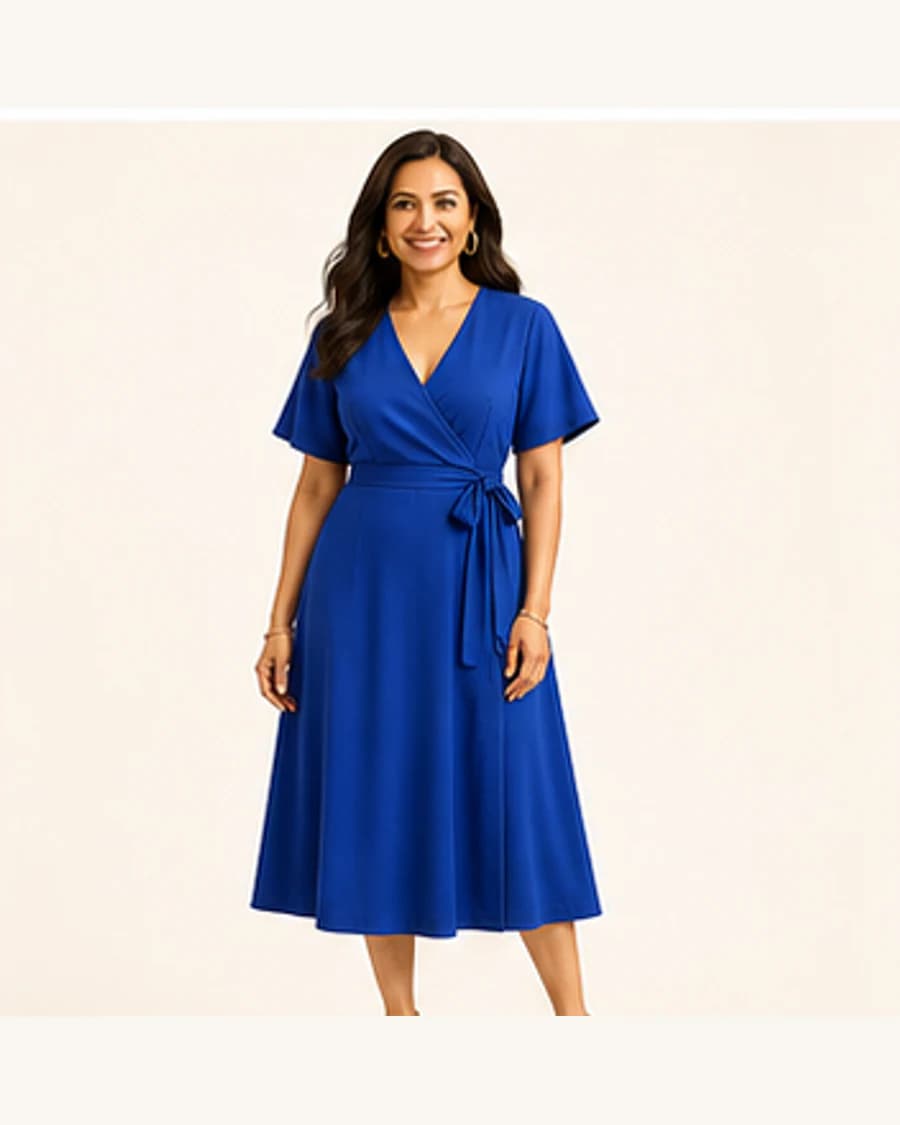 Wrap Midi Dress: front styling view on an adult Indian model