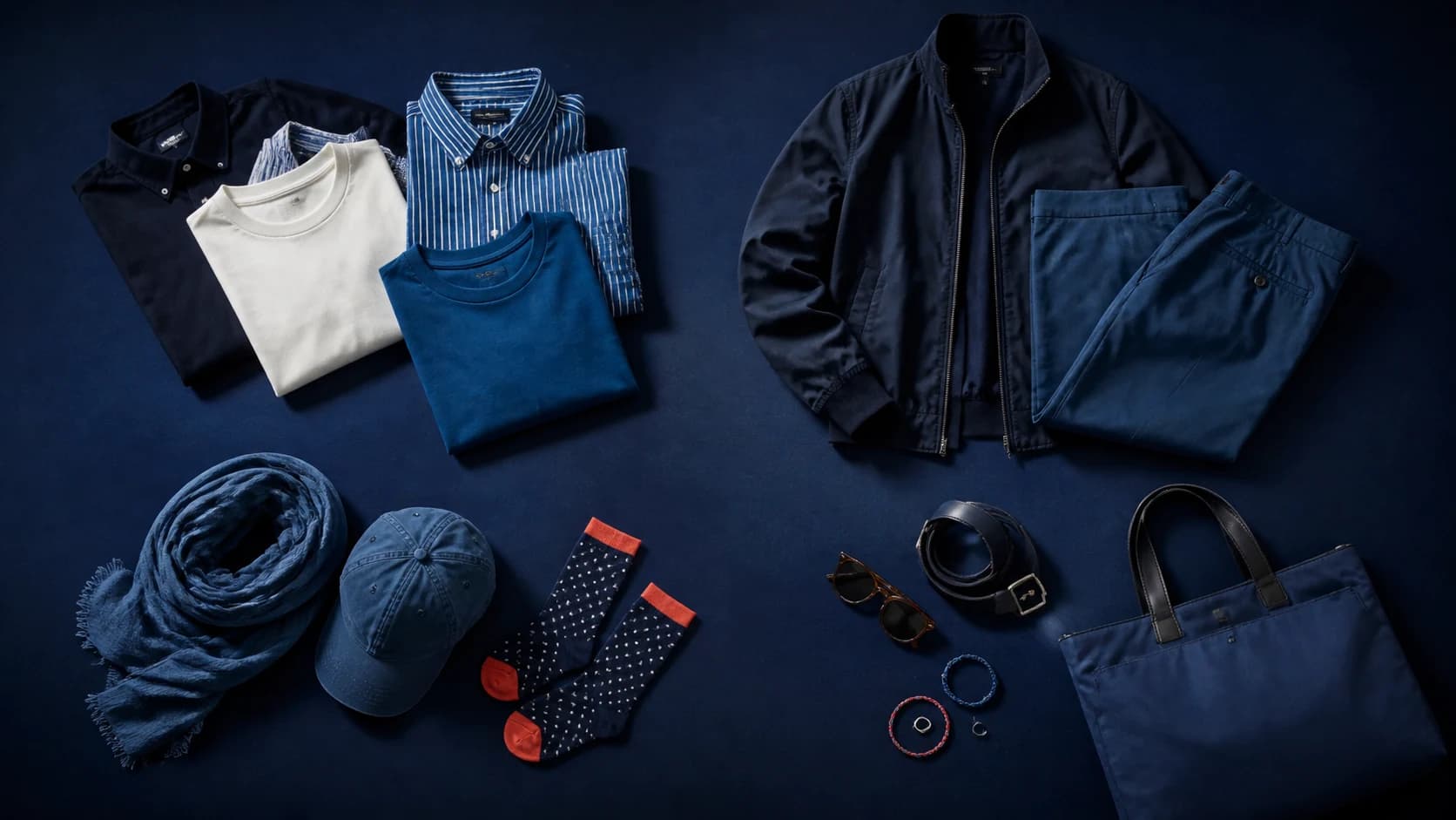 Shirts, trousers, scarves, caps, bags and accessories arranged together