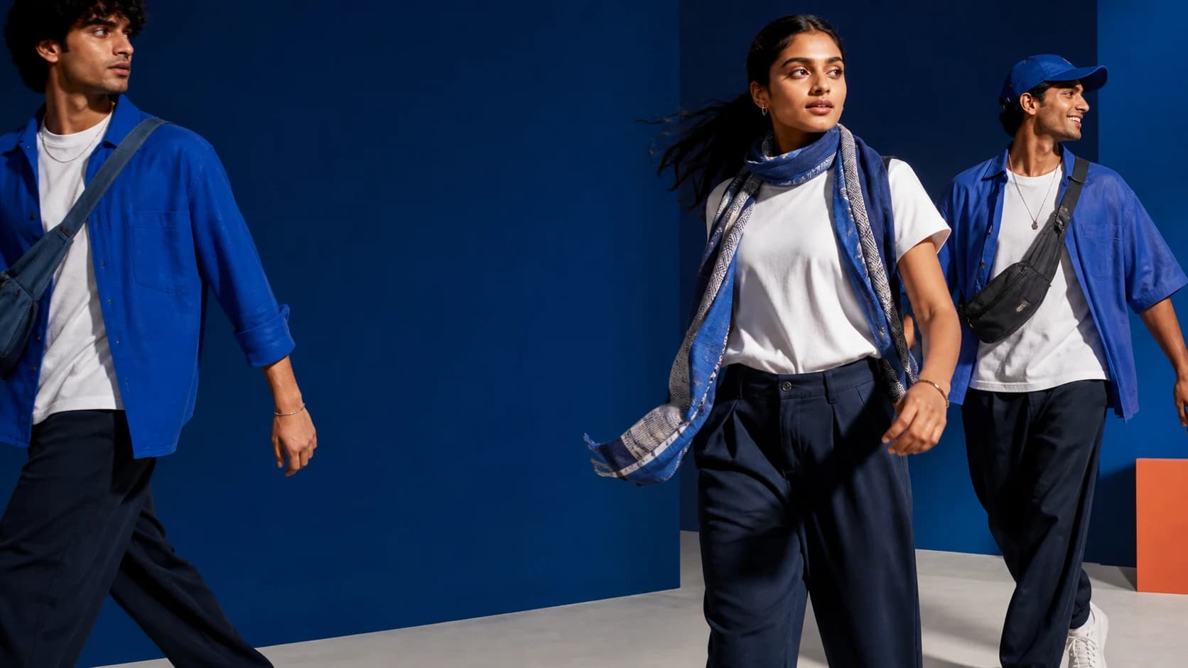 Three models in cobalt and navy everyday fashion moving through a graphic studio