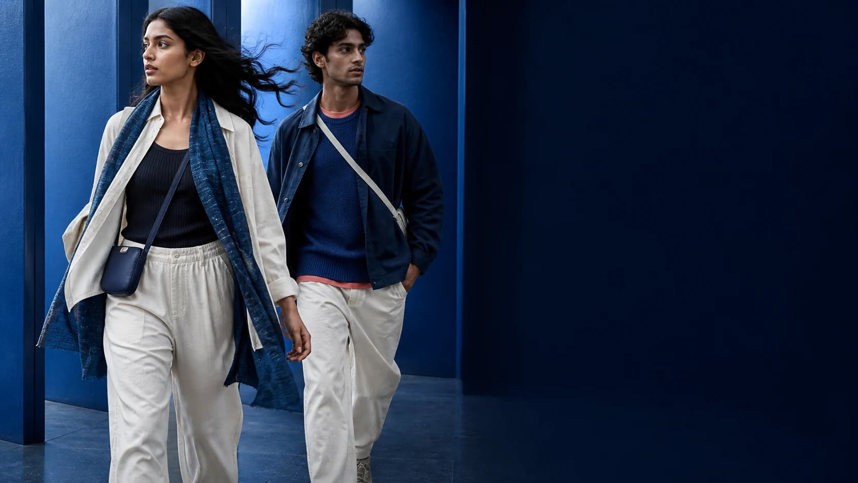Two models in layered cobalt and white looks walking through a blue corridor